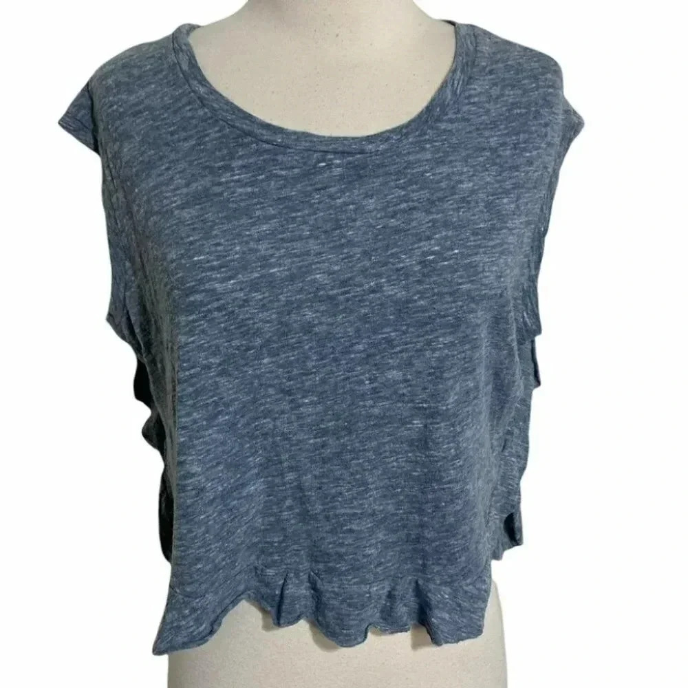 Rachel Rachel Roy Crop Top Medium Blue Heather Slub Knit Ruffle Hem Cap Sleeve